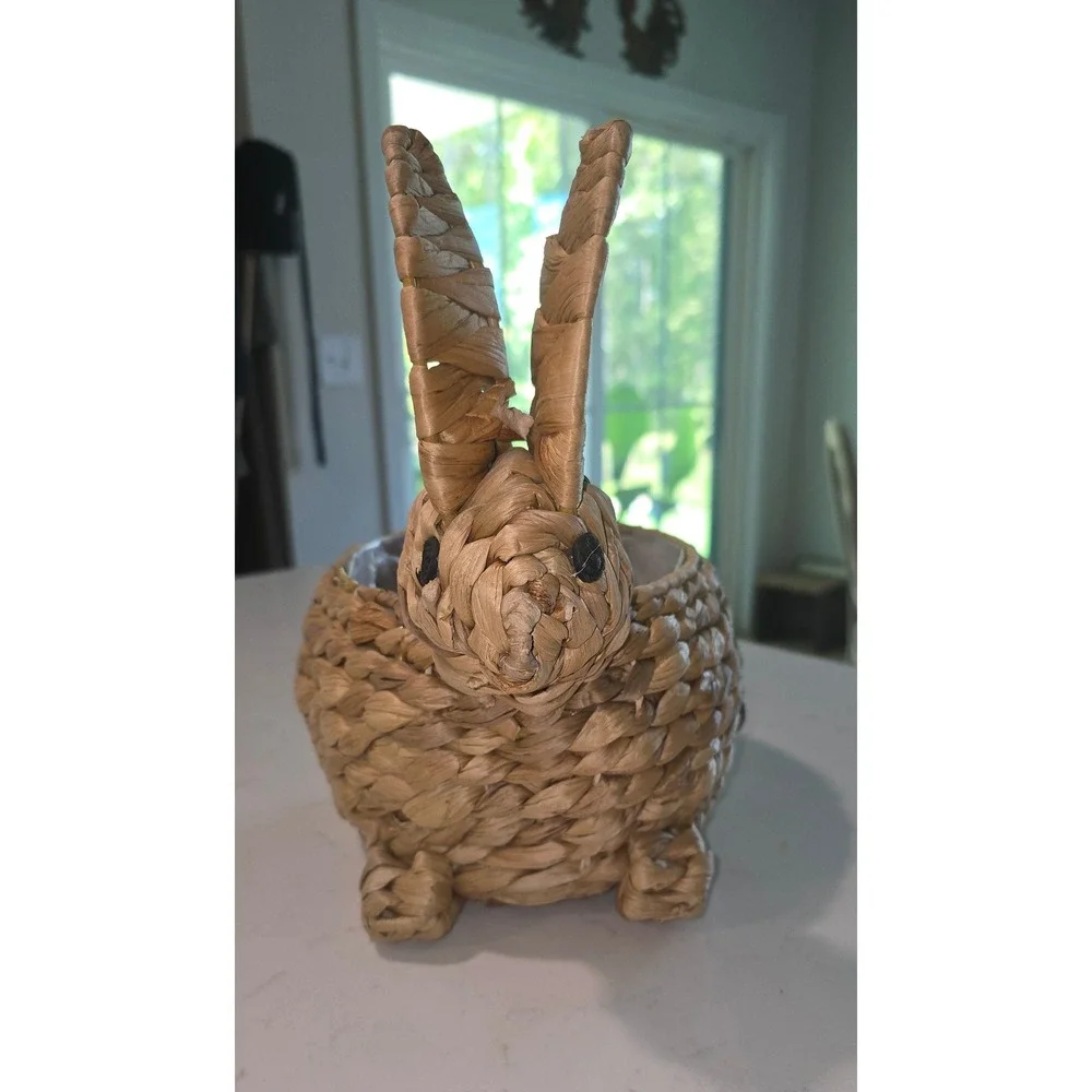 Woven Seagrass Bunny Basket Easter Rabbit Planter with Pink Pom Tail & Liner